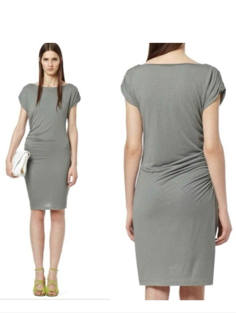 REISS Crowne Ruched Bodycon Boatneck Dress in Silver Sage